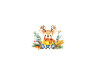 Watercolor Cute Deer in Sweater with Scarf Surrounded by Autumn Leaves, watercolor illustration