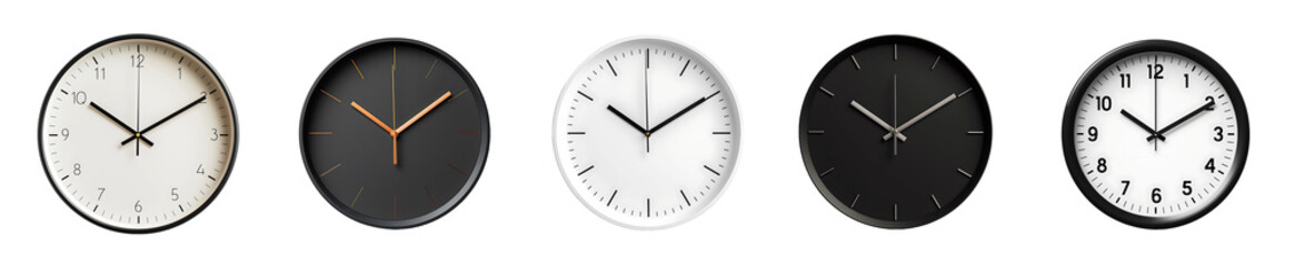 Set Row of five clocks with different colors and numbers