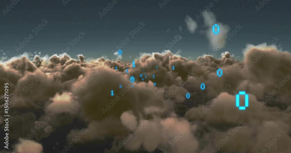 Poster binary digits cluster appearing above warm cloud deck, camera gliding forward showing data flow
