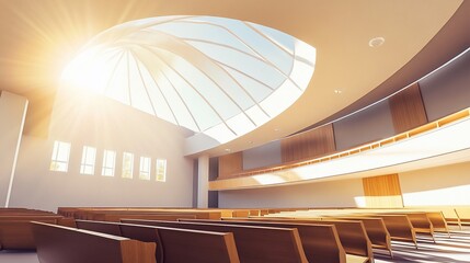 Sunlit Sanctuary: A Modern Interior with Pews and Architectural Skylight