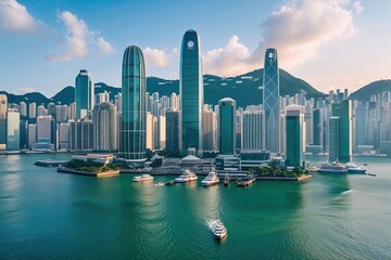 Naklejka premium Enchanting Waterfront Areas and Financial Hubs in Hong Kong's Skyline