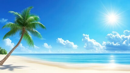 Fototapeta premium Relaxing Tropical Beach with Palm Tree Blue Sky and Sparkling Water