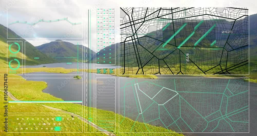 Poster drone gliding over grassy slope toward lake while interface fading in and scanning route data