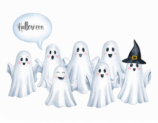Playful Cartoon Ghosts with Blue Hats Saying Boo, Perfect for Halloween and Fun Illustrations, watercolor illustration