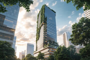 Obraz premium Sleek Urban Skyscraper with Greenery and Natural Light in a Vibrant Cityscape