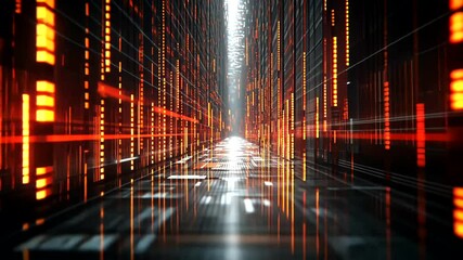 An abstract pathway in a dark space with orange lights and reflective floor leads to a bright white light in the distance - Powered by Adobe