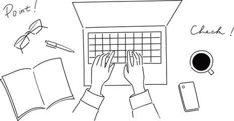 パソコンで勉強や仕事をするオシャレなシンプルイラスト