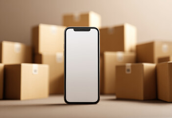 Smartphone stands prominently front of stacked cardboard boxes, showcasing blank screen. This conveys sense of modern