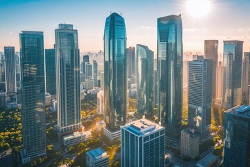 Stunning Urban Skyline with Gleaming Skyscrapers and Business Districts Under Bright Sunlight