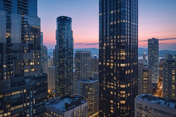 Naklejka premium Evening Cityscape Close-Ups of Office Towers and High-Rise Apartments