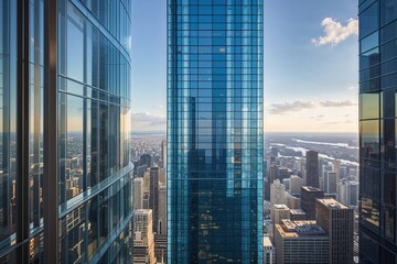 Modern Skyscraper Architecture Glass Towers with Urban Backdrop and Reflective Facades