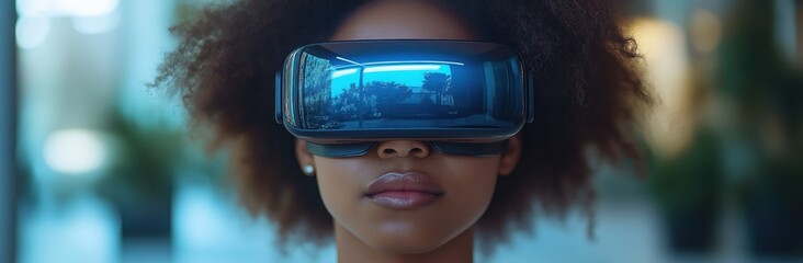 Modern office virtual reality scene with woman using immersive digital content