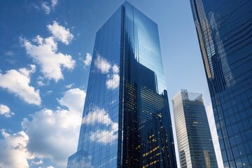 Naklejka premium Stunning Sky Reflection in Sleek Glass Skyscraper Modern Urban Cityscape Design