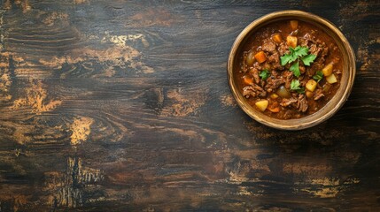 Savory Beef Stew in Rustic Bowl on Dark Wooden Background Delicious Autumnal Meal
