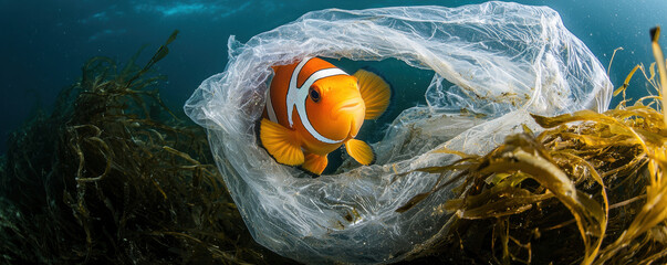 Clownfish swims through plastic bag underwater scene, surrounded by seaweed, highlighting impact of pollution marine life