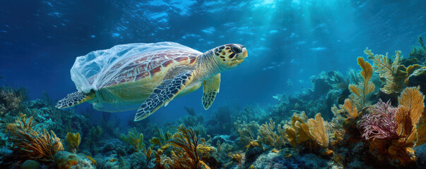 Fototapeta premium Sea turtle swims gracefully through vibrant coral reef, surrounded by colorful marine life, while entangled plastic bag