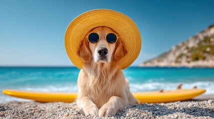 Beach Dog Vacation: Golden Retriever with Surfboard