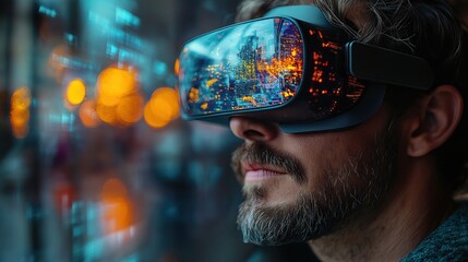 Modern office virtual reality scene with man using immersive digital content