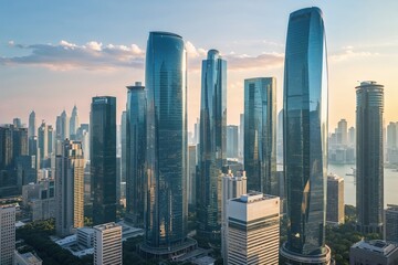Obraz premium Stunning Urban Skyline Featuring Gleaming Skyscrapers and Modern Office Architecture