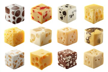 Various cheese cubes, different textures and patterns