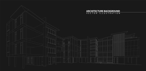 Perspective 3D render of building wireframe - Vector illustration 