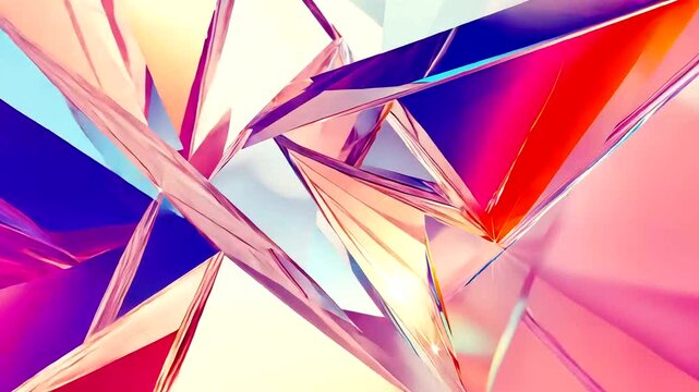 Abstract composition of polygonal geometric shapes with vibrant color gradients and sharp angles, featuring specular highlights and dynamic forms