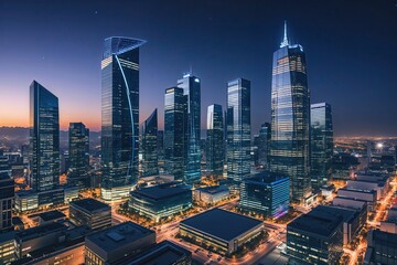 Obraz premium Modern Urban Business Skyline with High-Rise Buildings and Advanced Technology at Night