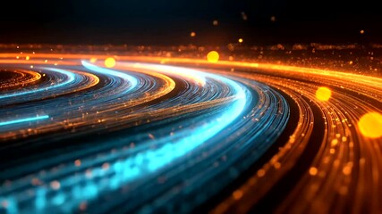 Glowing trails streak across a dark expanse, blurring orange and blue light in an abstract curve with illuminated bokeh orbs - Powered by Adobe