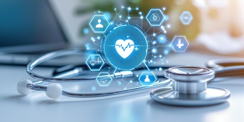 Stethoscope with Digital Heart Icon Representing Healthcare and Technology