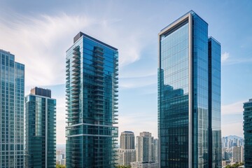 Fototapeta premium Stunning Views of Contrasting High-Rise Buildings with Sleek Glass Exteriors