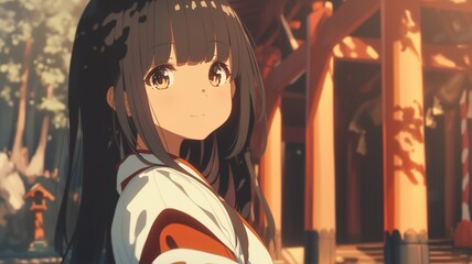 Obraz premium 神社で働くアニメ調の美少女巫女