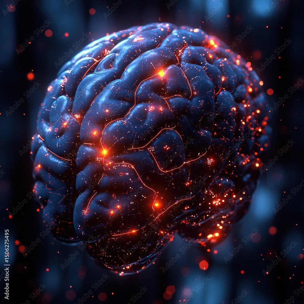 Aufkleber artificial brain connected with glowing neural network illustration for science