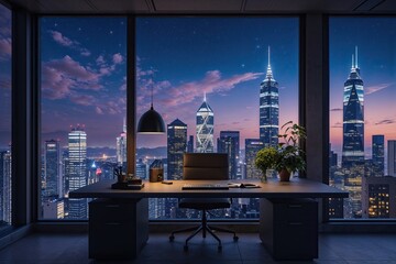 Modern Urban Workspace at Night with Skyscrapers and Twilight Ambiance