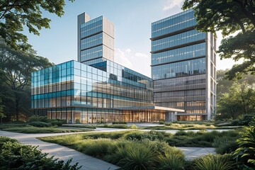 Obraz premium Innovative Healthcare Facility Featuring Modern Glass Facade and Sturdy Concrete Towers Surrounded by Lush Greenery