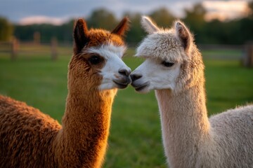 Two Adorable Alpacas Showing Affection in Green Pasture at Sunset