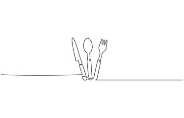 Fototapeta premium one continuous line drawing of fork and spoon on white background. Cooking, kitchen and table manner, Spoon, Serving spoon, Icon, Vector drawing, One line art, A simple drawing.