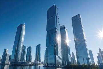 Naklejka premium Stunning Skyscrapers in Urban Landscape with Bright Blue Sky and Sunlit Reflections