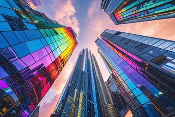 three dimensional view of innovative skyscrapers with rainbow glass features from a low angle perspective