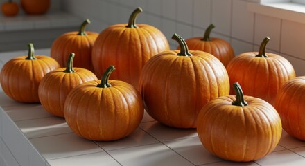 Obraz premium Arrangement of Pumpkins on a White Table