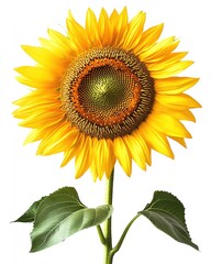 Bright and vibrant sunflower isolated on white background, showing detailed petals, lush green leaves, and a natural, fresh look, perfect for botanical design and natural-themed projects.
