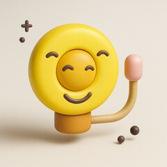3D model of a smiling emoji with a raised arm suitable for social media, digital marketing, communication designs for a cheerful vibe.