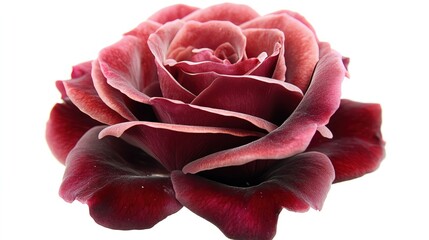 Deep red rose flower with velvety petals in closeup, isolated on white background, ideal for romantic themes, floral design, wedding invitations, love symbols, and botanical art projects.