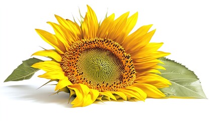 Bright sunflower on white background, close-up of golden petals and detailed center, perfect for botanical prints, nature-inspired art, and summer floral themes.