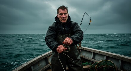 A lone fisherman on a boat at sea, battling the elements.