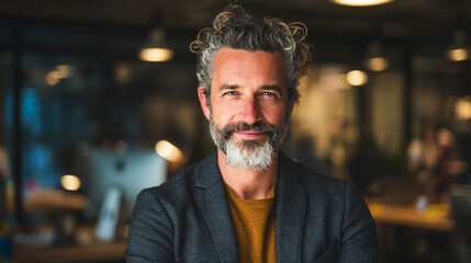 Fototapeta premium A handsome businessman with a well-groomed gray beard smiles at the camera in his office.