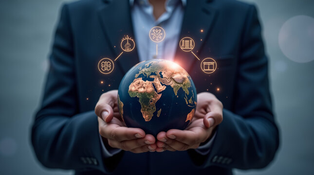 businessman holding a globe with world meaning technology for everyone and for the earth - Powered by Adobe