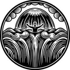 Monochrome Illustration of a Person in Water Under a Waterfall in a Circle