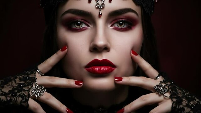 Gothic Vampire Queen Portrait: Crimson Lips and Intense Eyes