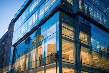 Detailed View of a Stylish Office Building Showcasing Glass Reflections