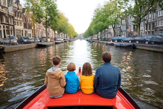 family boat ride historic city scenic canal view